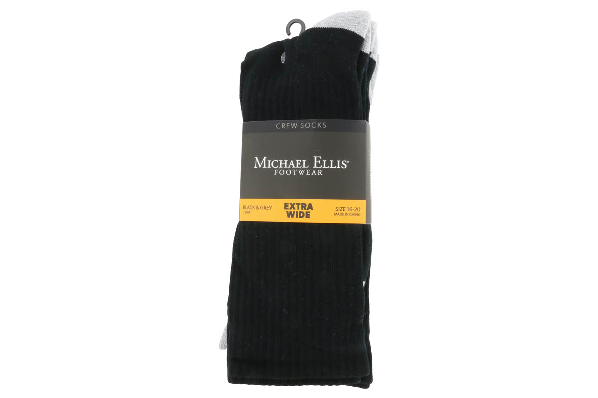 Michael Ellis BIG Crew Socks Black/Grey 3-Pack - Extra Wide