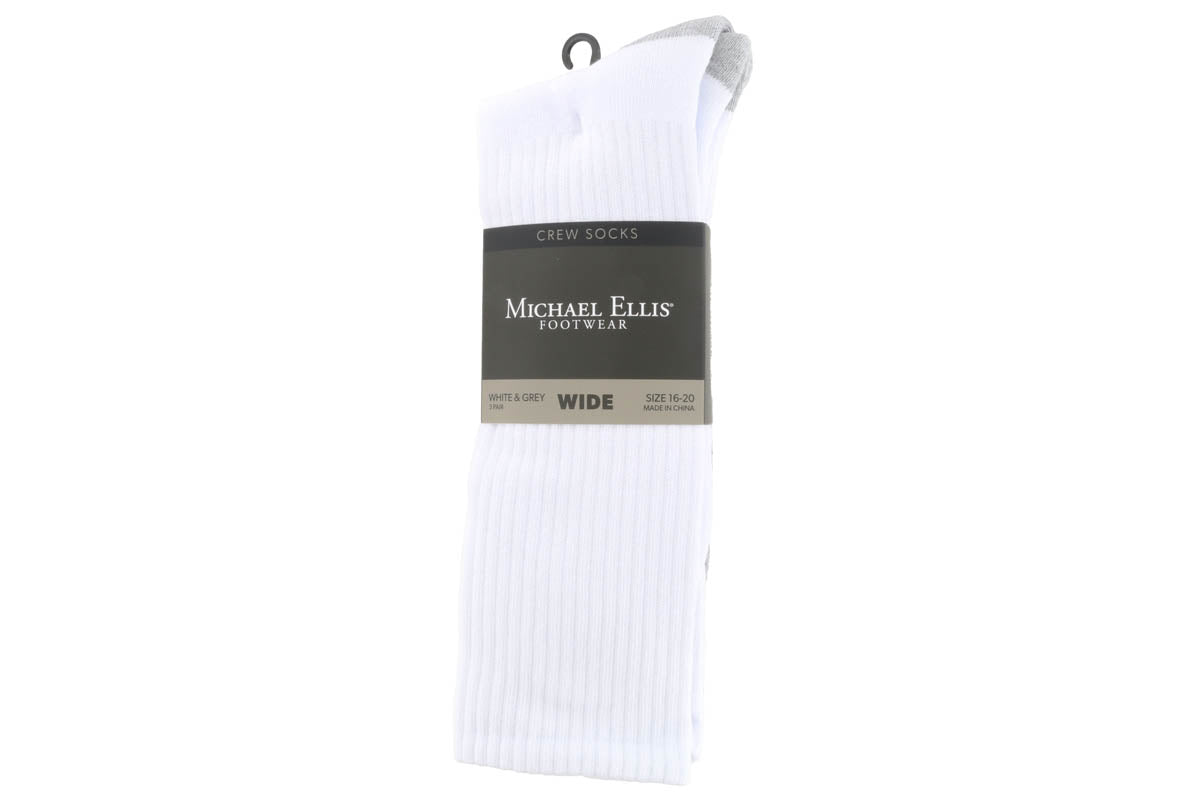 Michael Ellis BIG Crew Socks White/Grey 3-Pack - Wide
